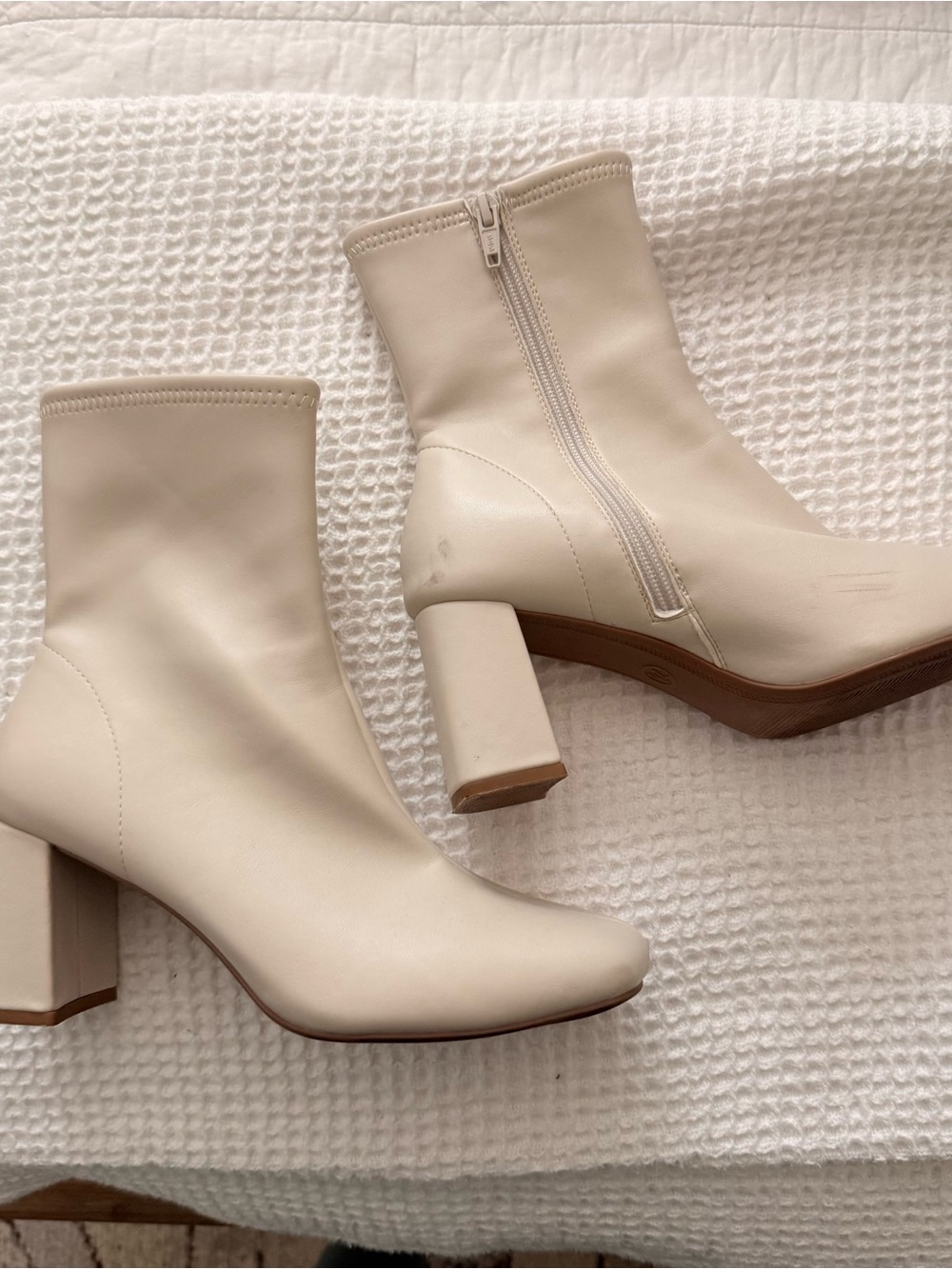a new day Cream Block Heel Zip Ankle Boots
